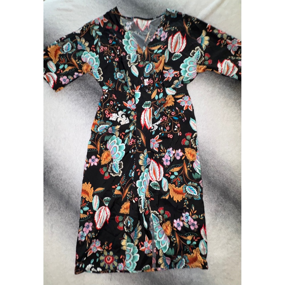 (CL) Shein Floral V-Neck Draped Midi Dress Black Multi Color S 4 Short Sleeve